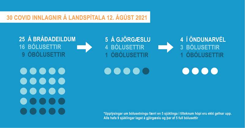 Covid innlagnir á Landspítala 12. ágúst 2021: Bólusettir og óbólusettir